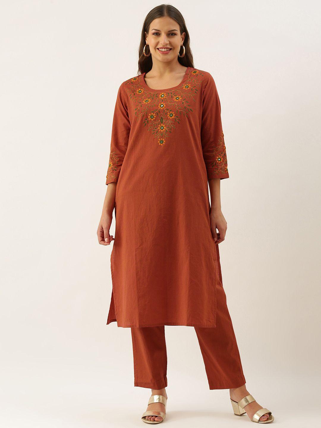 okhai-women-rust-orange-yoke-design-mirror-work-pure-cotton-kurta-with-trousers
