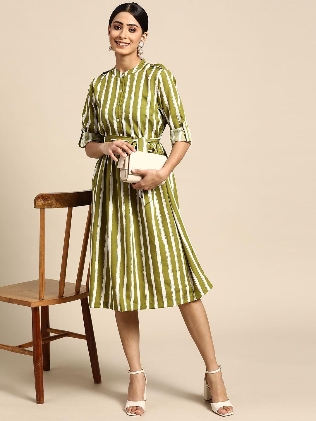 sangria-women-olive-green-&-white-striped-a-line-midi-dress