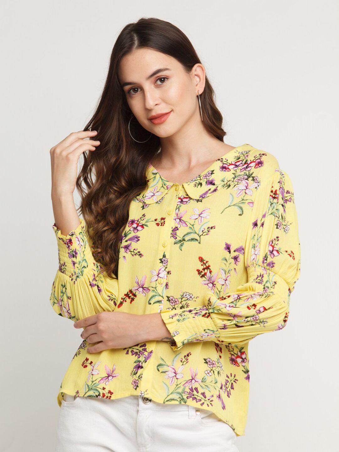zink-london-women-yellow-slim-fit-floral-printed-casual-shirt