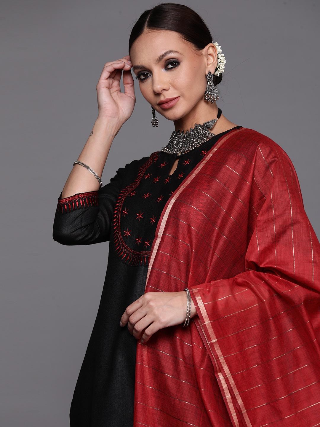 indo-era-women-black-ethnic-motifs-yoke-design-thread-work-kurta-with-trousers-&-with-dupatta