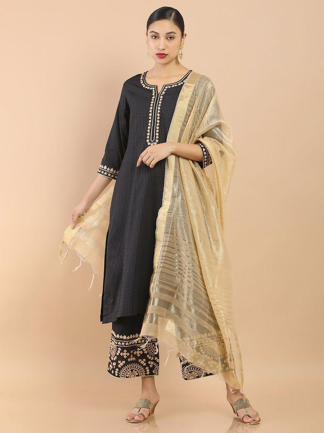soch-women-black-striped-ethnic-motifs-embroidered-chanderi-kurta-set-with-dupatta
