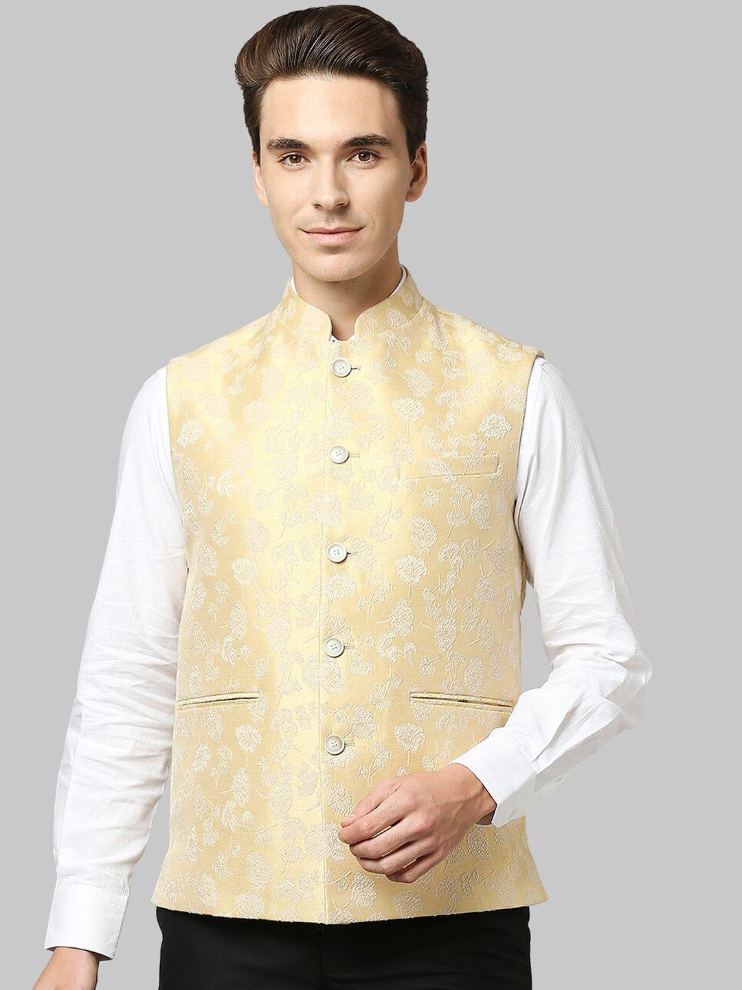raymond-men-beige-woven-design-nehru-jacket