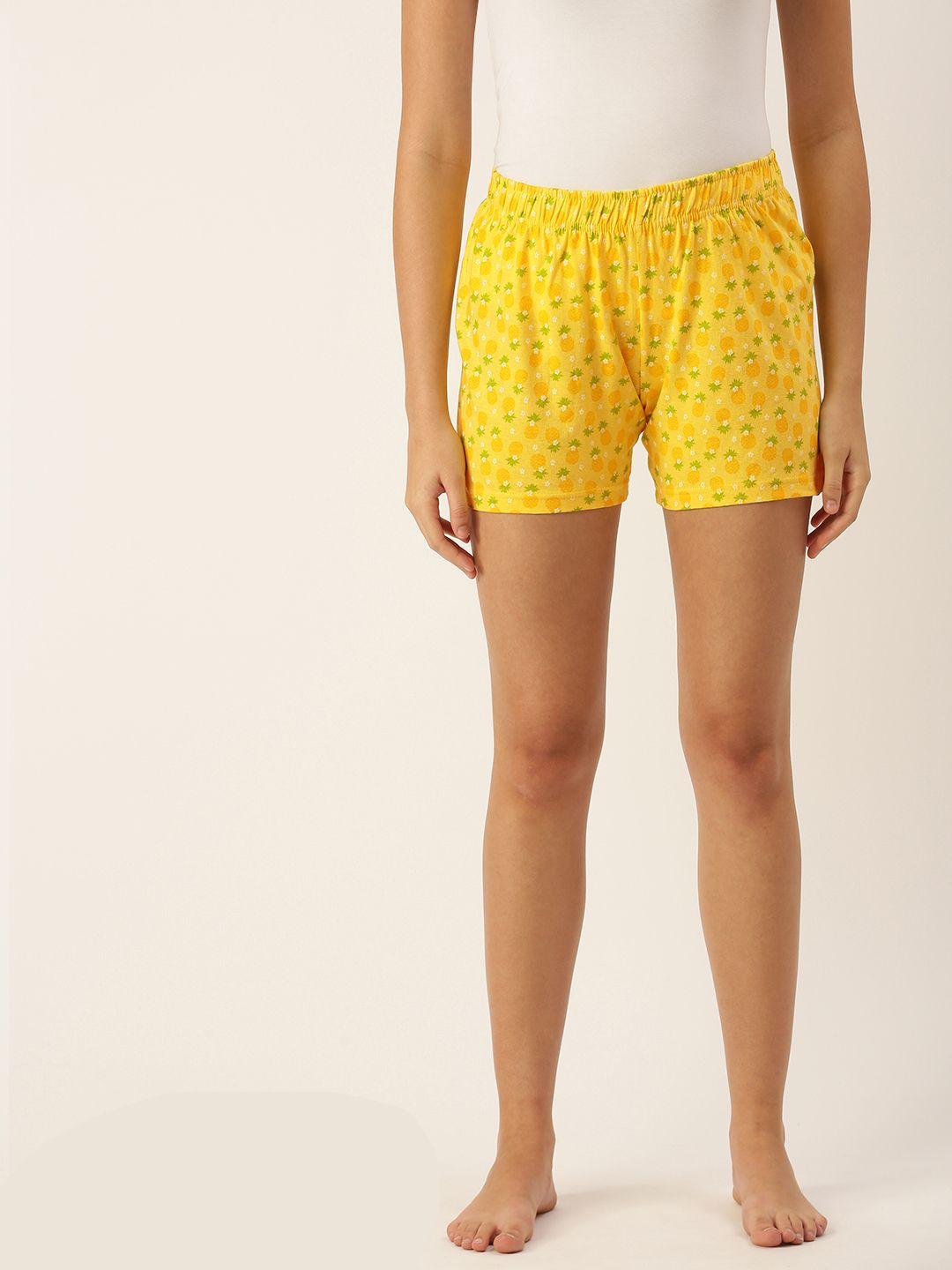 clt-s-women-yellow-&-green-pure-cotton-conversational-printed-lounge-shorts