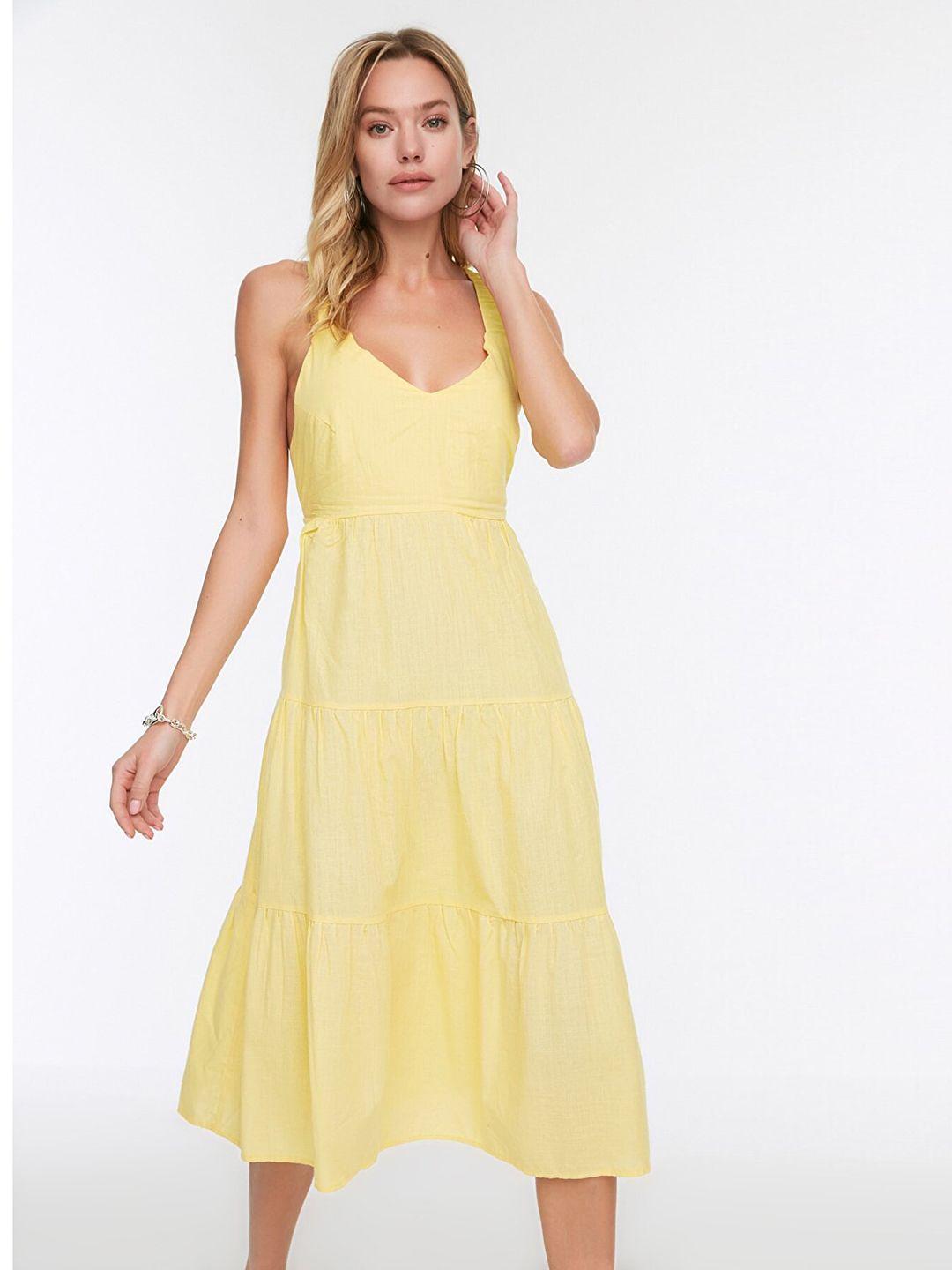 trendyol-women-yellow-solid-tiered-styled-back-pure-cotton-a-line-midi-dress