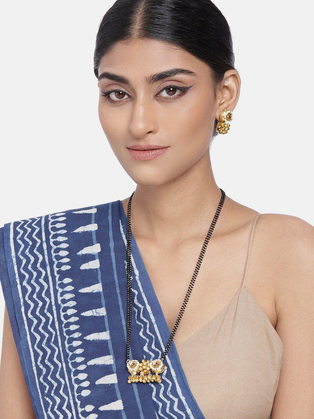 i-jewels-18-k-gold-plated-&-black-long-mangalsutra-with-earrings