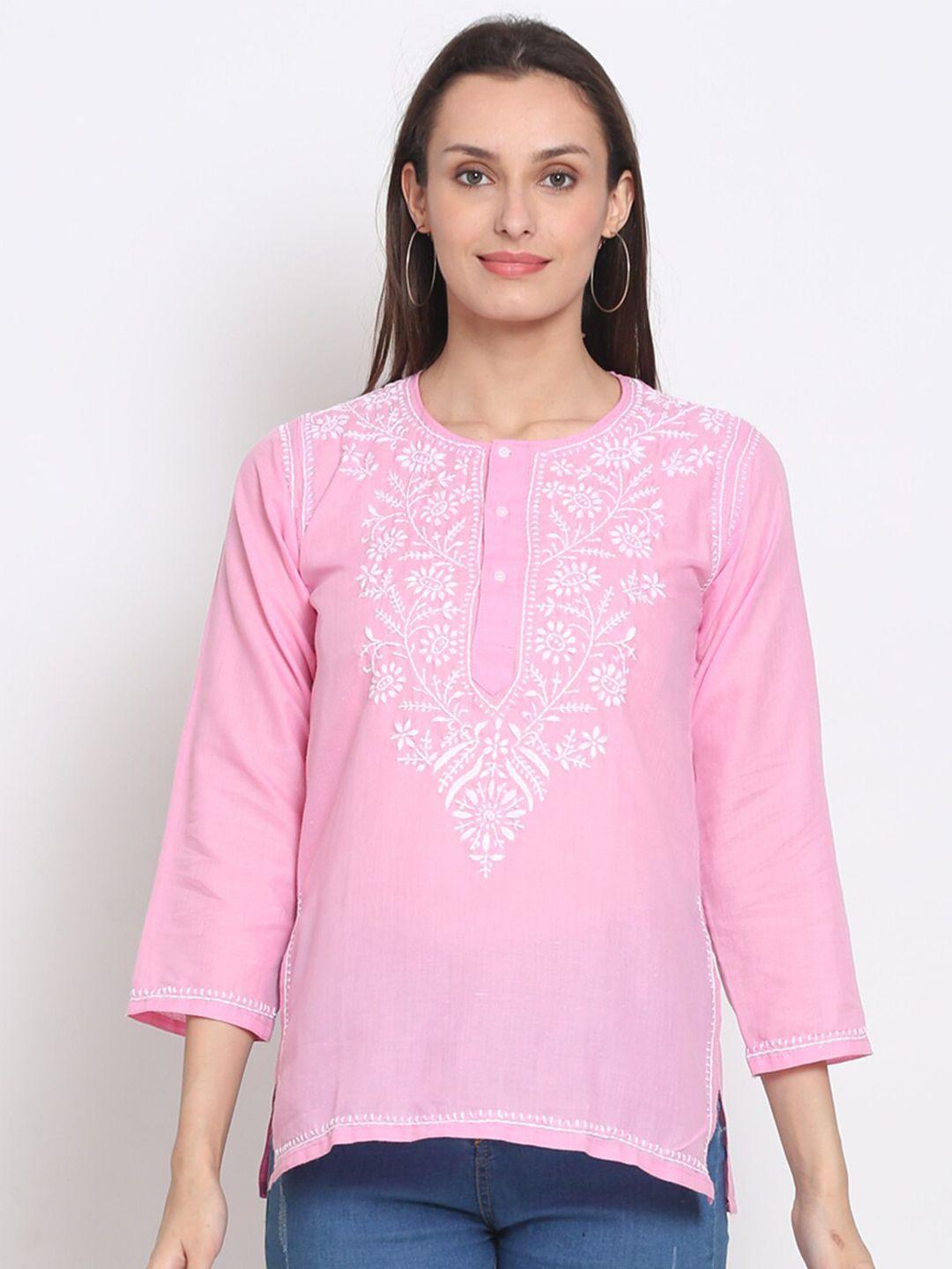 paramount-chikan-pink-floral-embroidered-chikankari-pure-cotton-chikankari-kurti