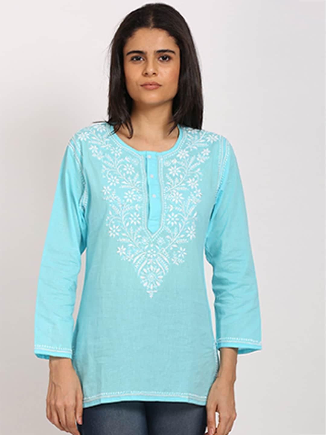 paramount-chikan-blue-ethnic-motifs-embroidered-chikankari-pure-cotton-chikankari-kurti