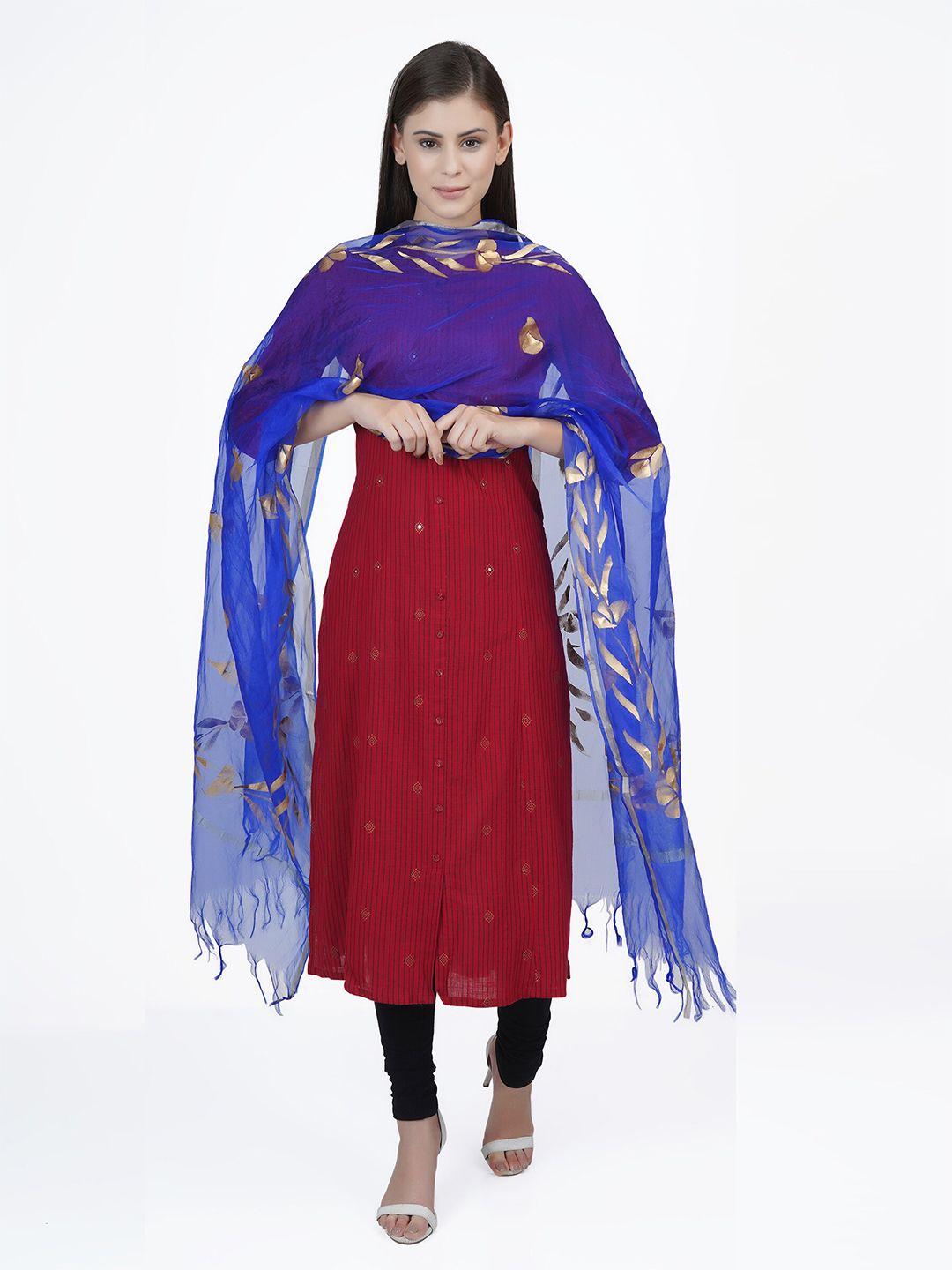 la-vastraa-women-blue-&-gold-toned-hand-painted-cotton-silk-dupatta