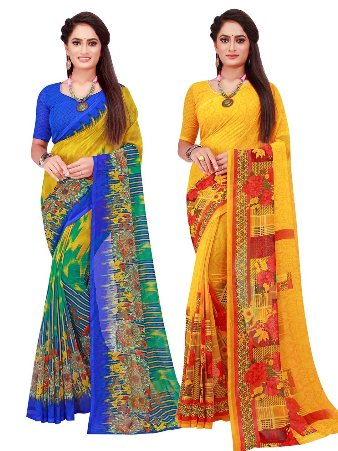 florence-yellow-&-blue-set-of-2-floral-pure-georgette-saree