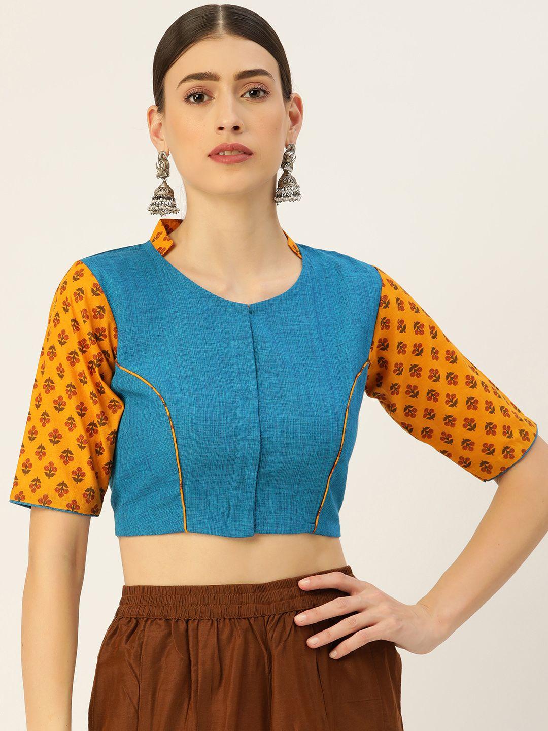 tantkatha-blue-&-orange-solid-cotton-saree-blouse