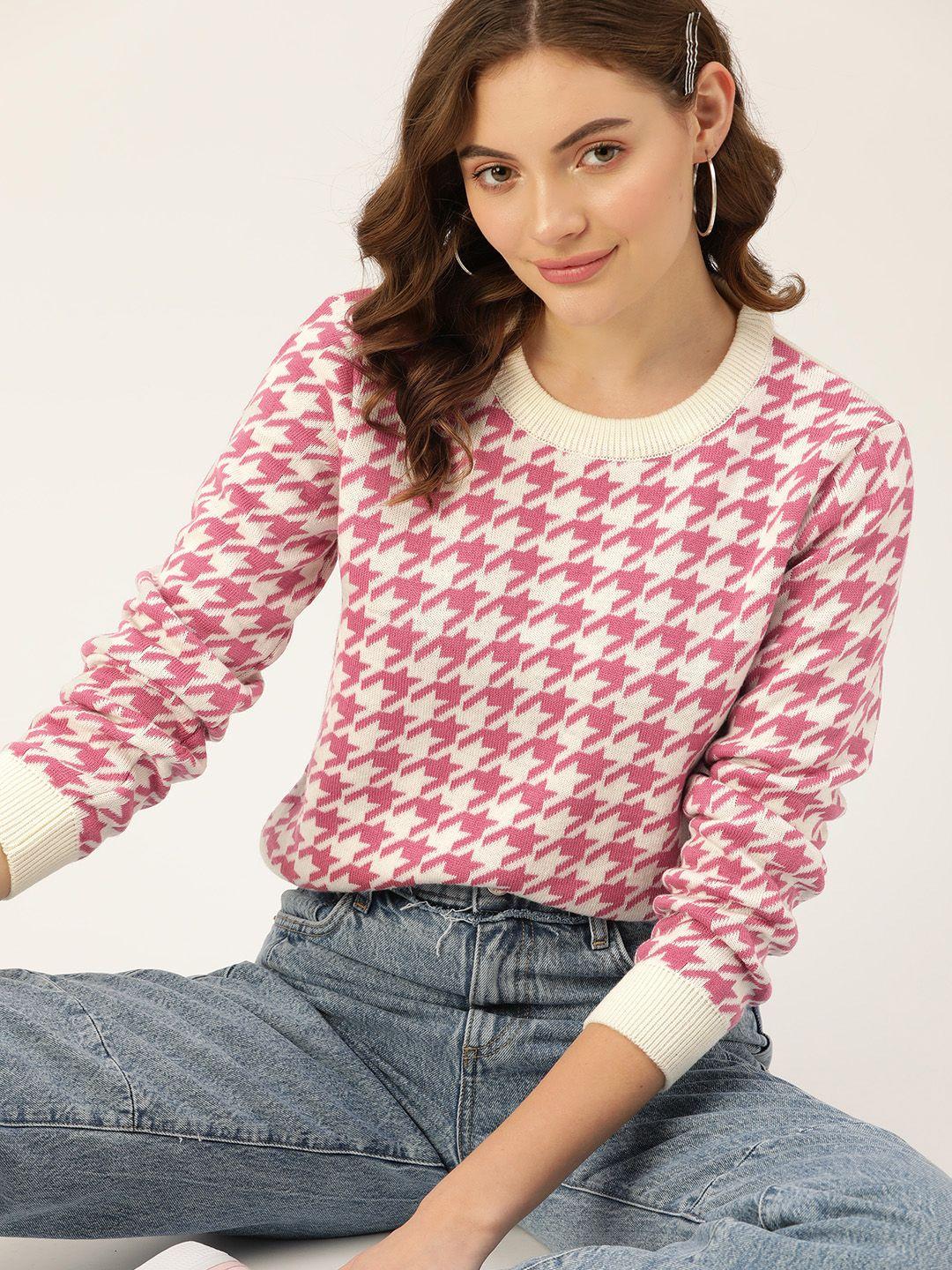 dressberry-women-pink-&-off-white-houndstooth-pattern-pullover