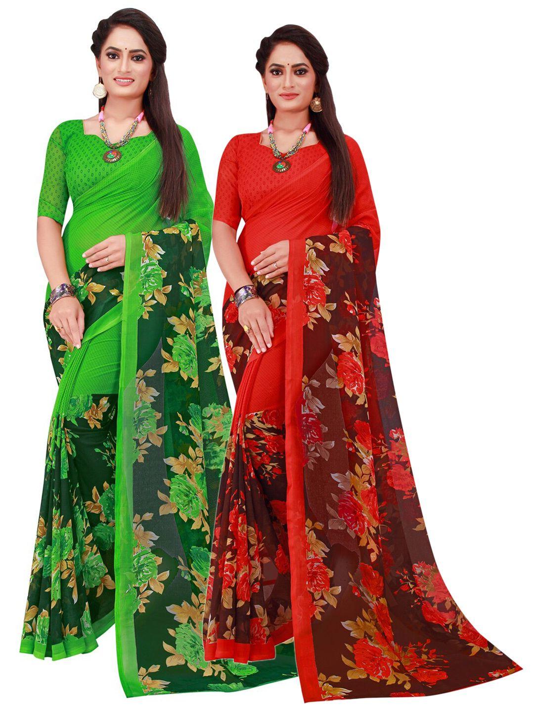 saadhvi-green-&-red-set-of-2-floral-pure-georgette-saree