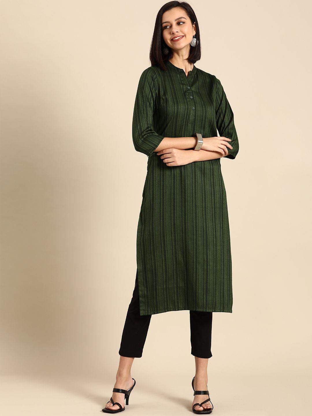 anouk-women-green-striped-kurta