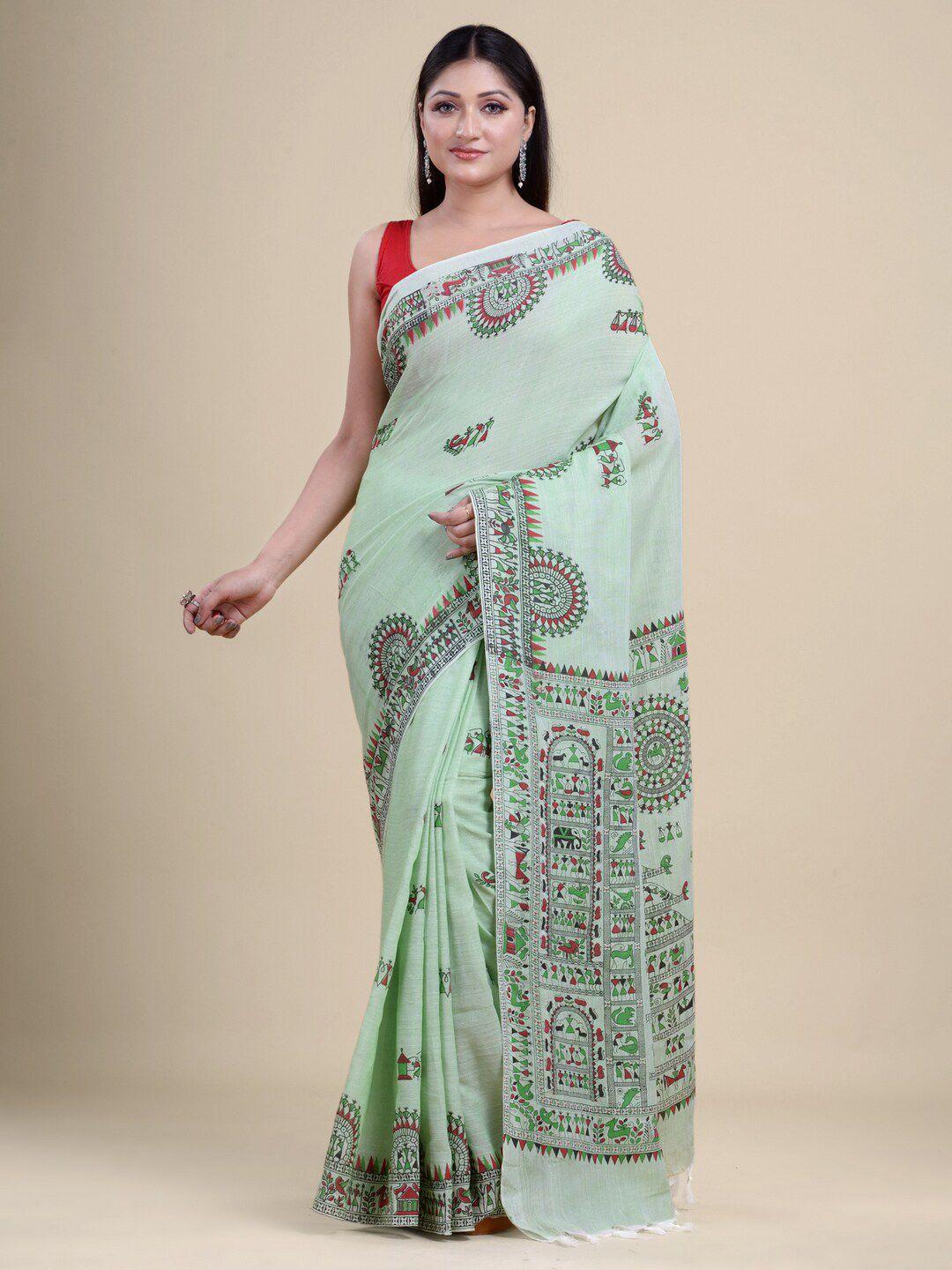 laa-calcutta-green-&-red-ethnic-motifs-silk-cotton-jamdani-saree