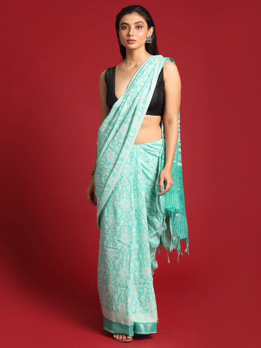 indethnic-sea-green-&-white-ethnic-motifs-handloom-bhagalpuri-saree