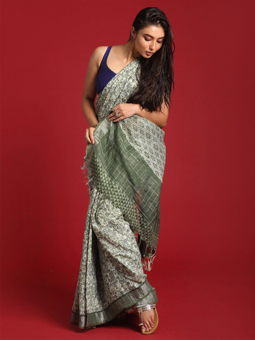 indethnic-green-&-silver-toned-floral-printed-zari-cotton-blend-bhagalpuri-saree