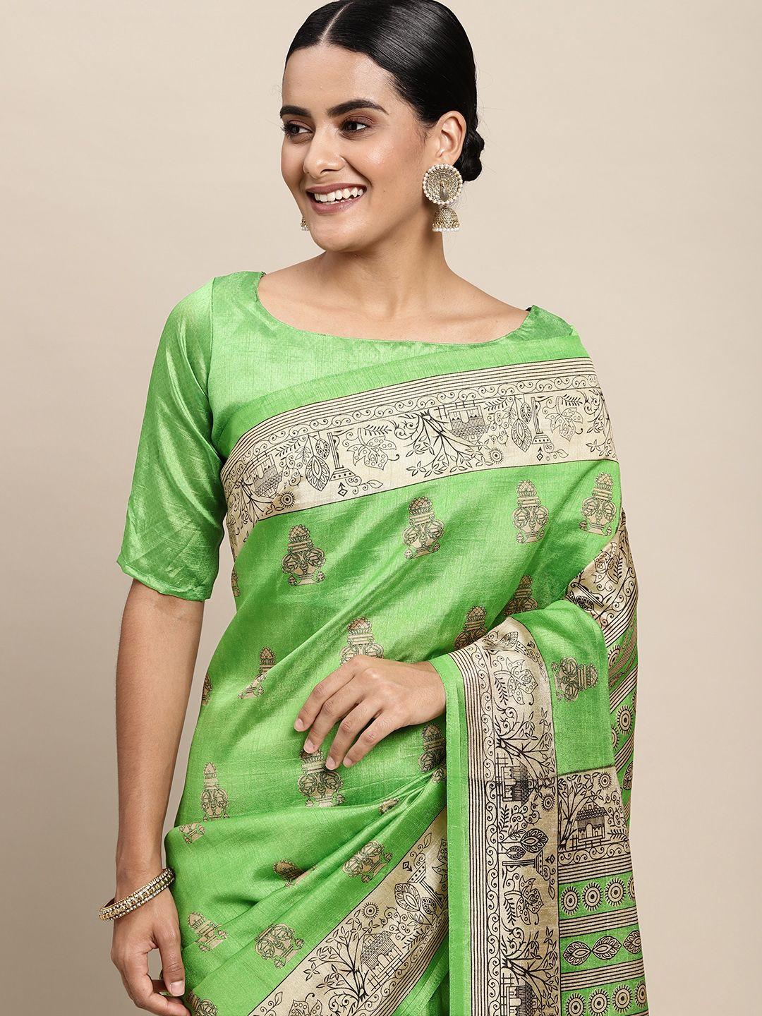 saree-mall-green-&-beige-ethnic-motifs-print-silk-blend-saree