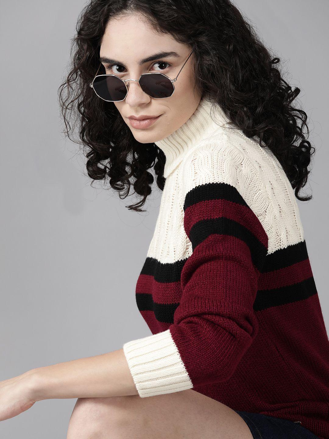 roadster-women-maroon-&-white-cable-knit-colourblocked-pullover