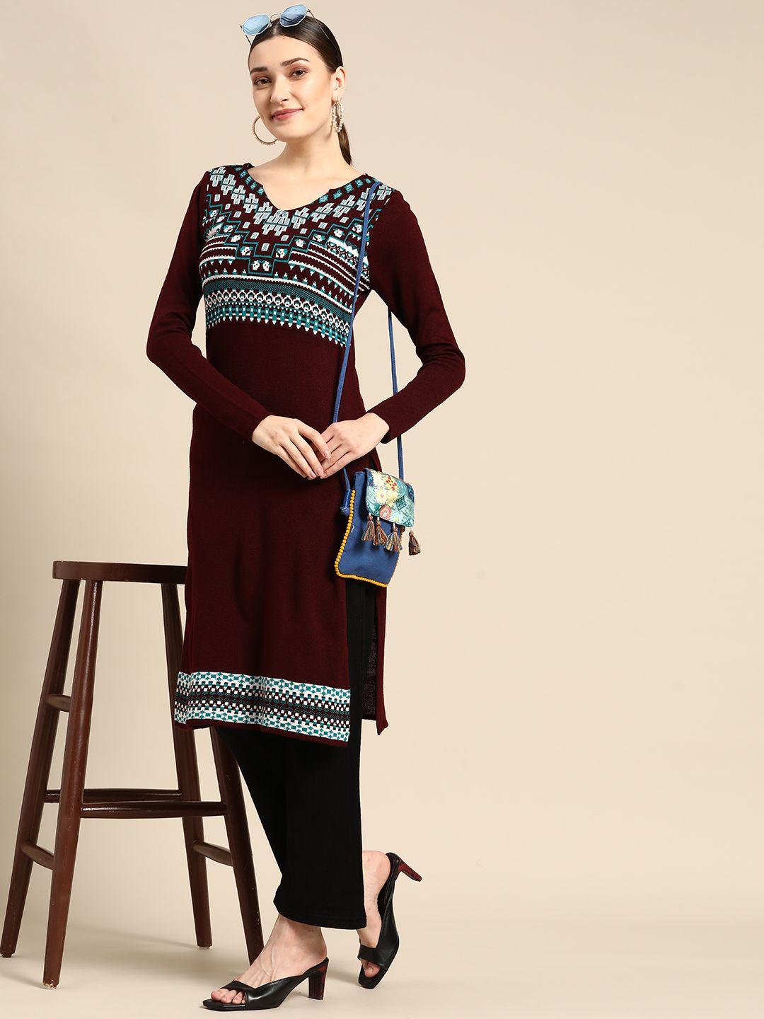 sangria-women-burgundy-&-black-ethnic-motifs-winter-kurta-with-trousers
