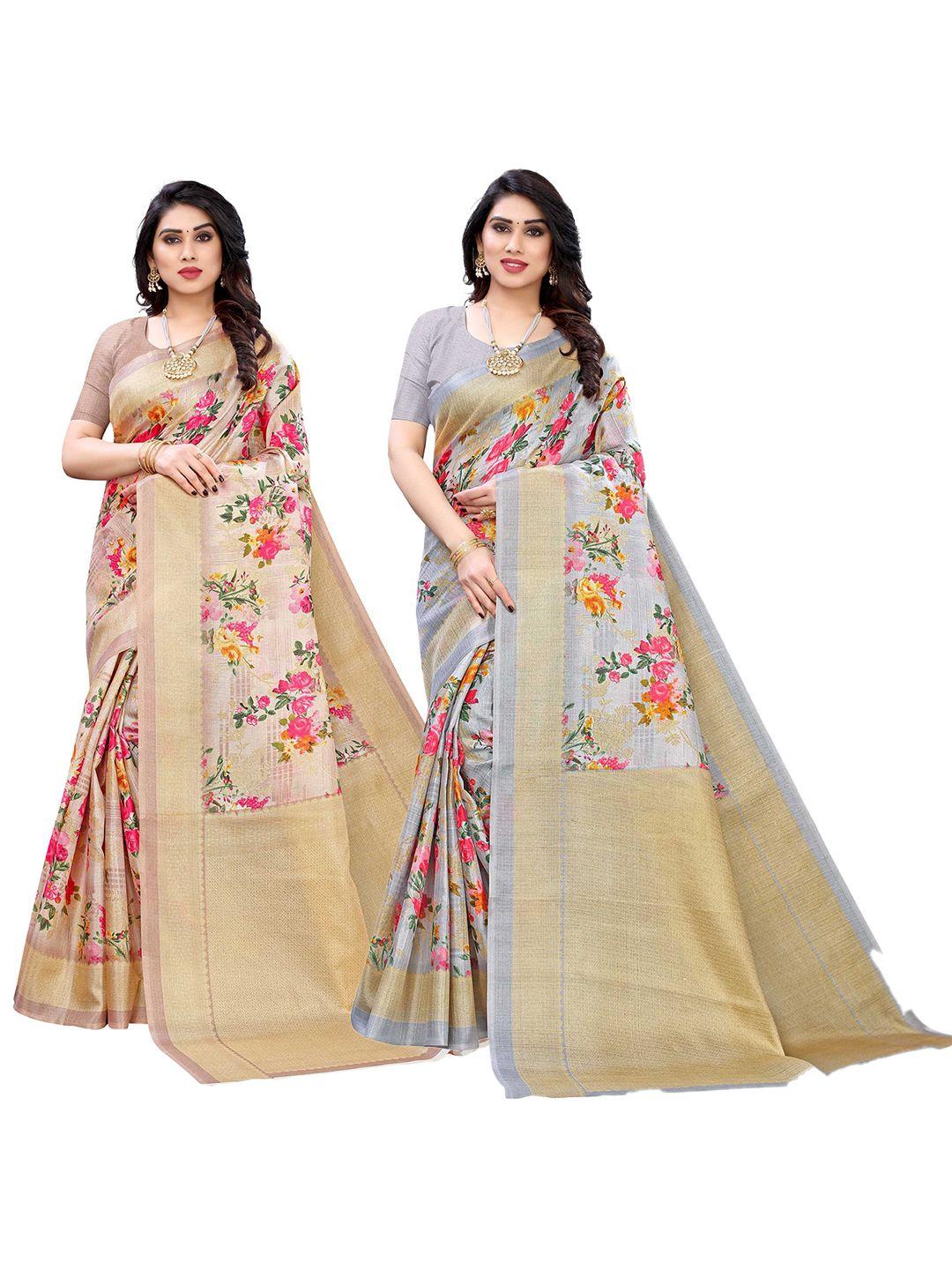 aadvika-pack-of-2-women-beige-&-grey-floral-print-sarees
