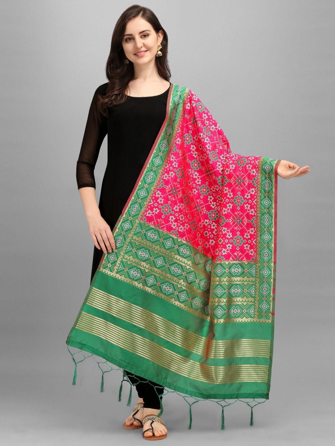 pandadi-saree-pink-&-green-ethnic-motifs-woven-design-dupatta-with-zari
