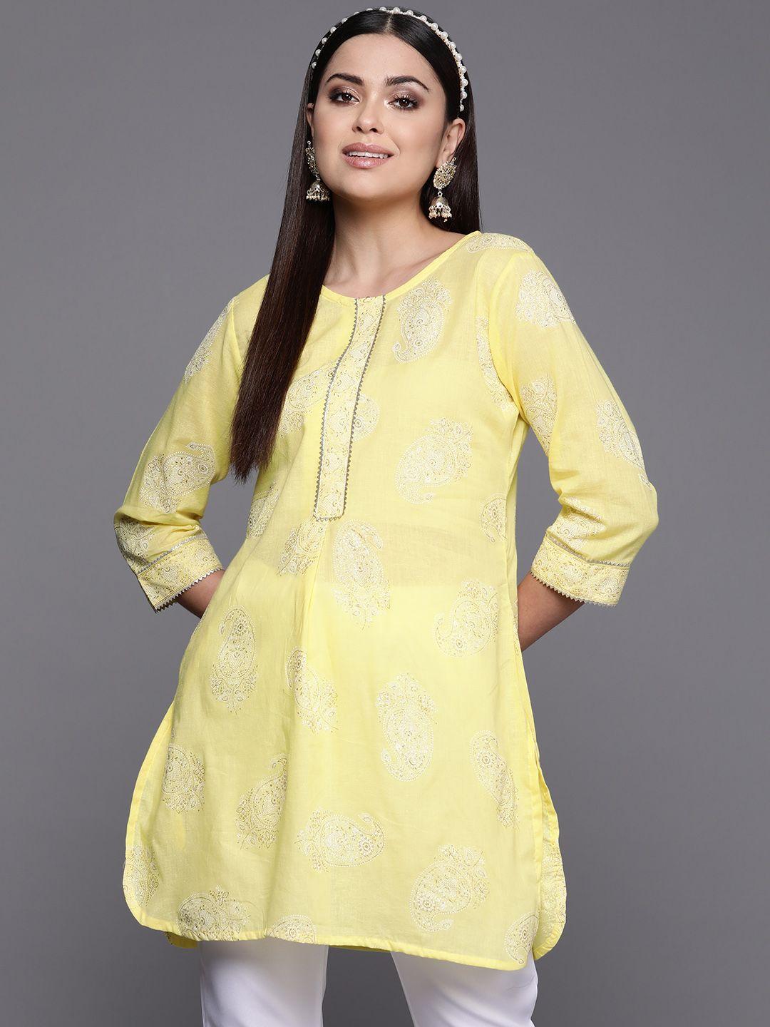 ahalyaa-yellow-&-white-printed-pure-cotton-tunic