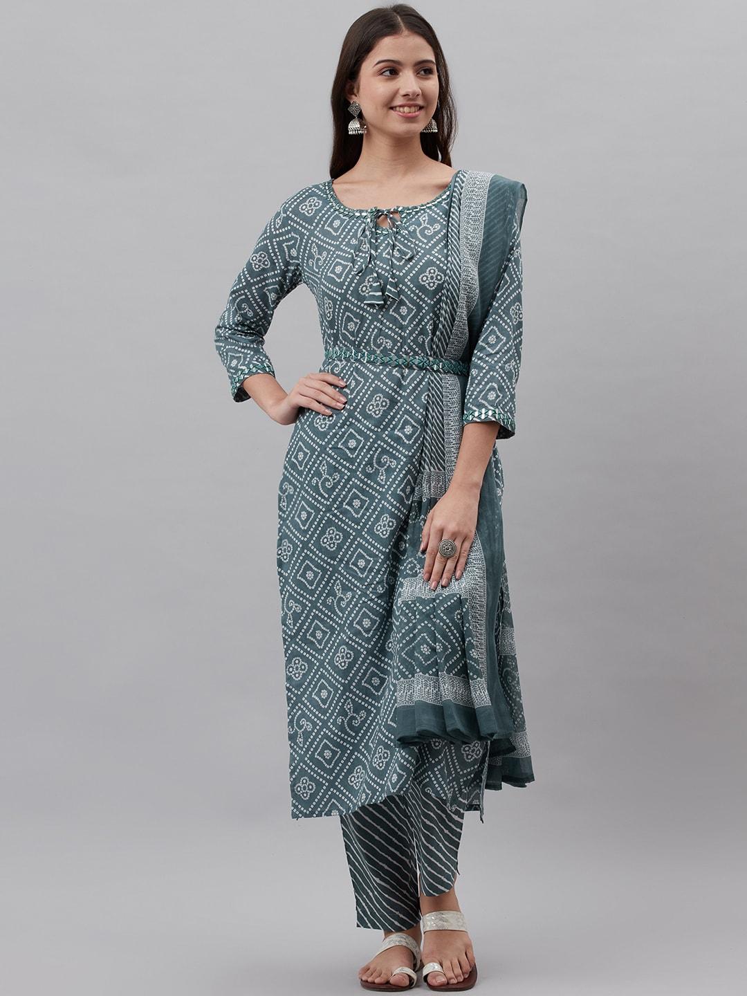 rajgranth-women-blue-bandhani-printed-mirror-work-pure-cotton-kurta-with-trousers-&-with-dupatta