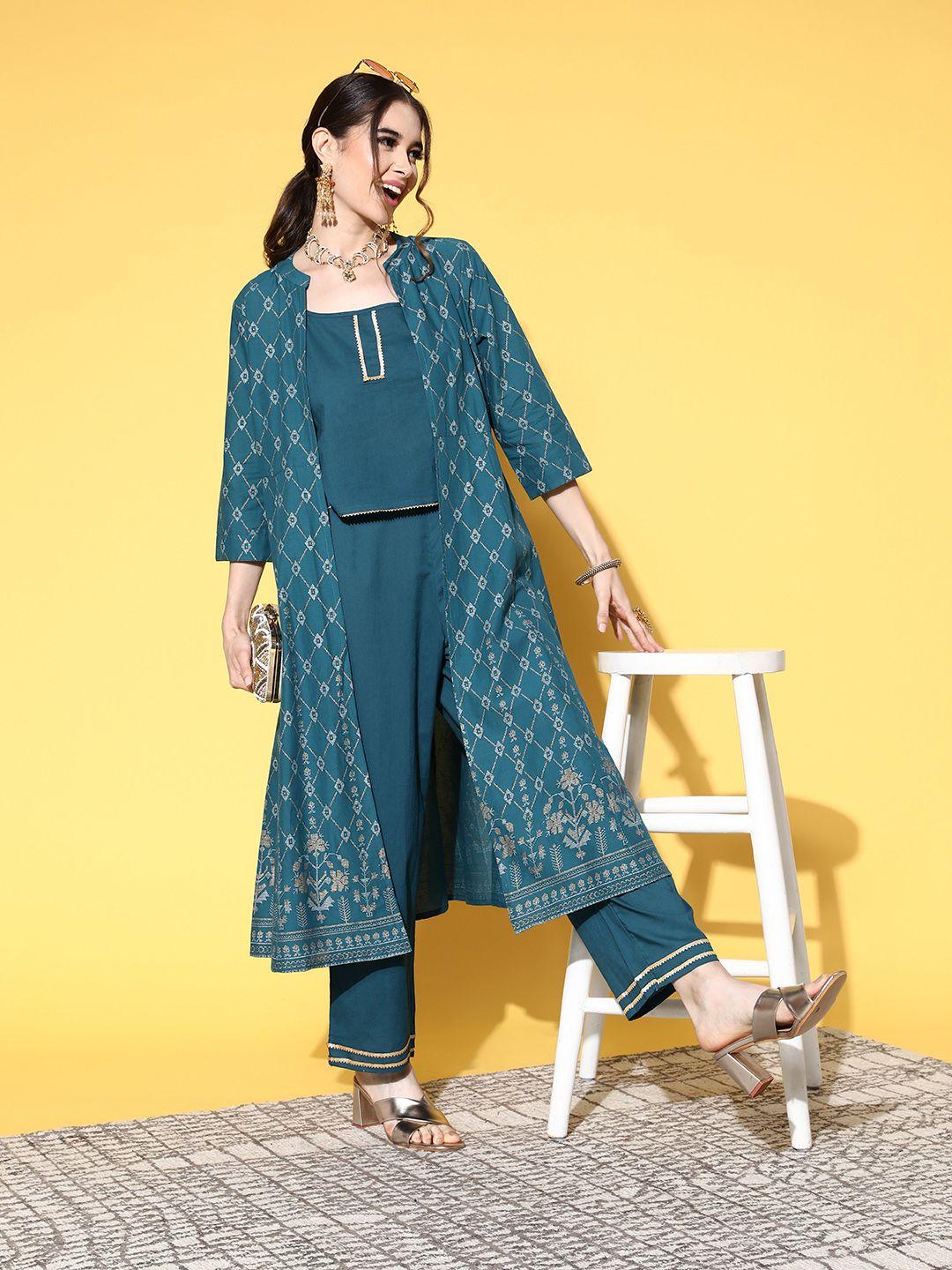 sangria-women-teal-green-and-golden-ethnic-print-pure-cotton-gota-patti-detail-co-ords