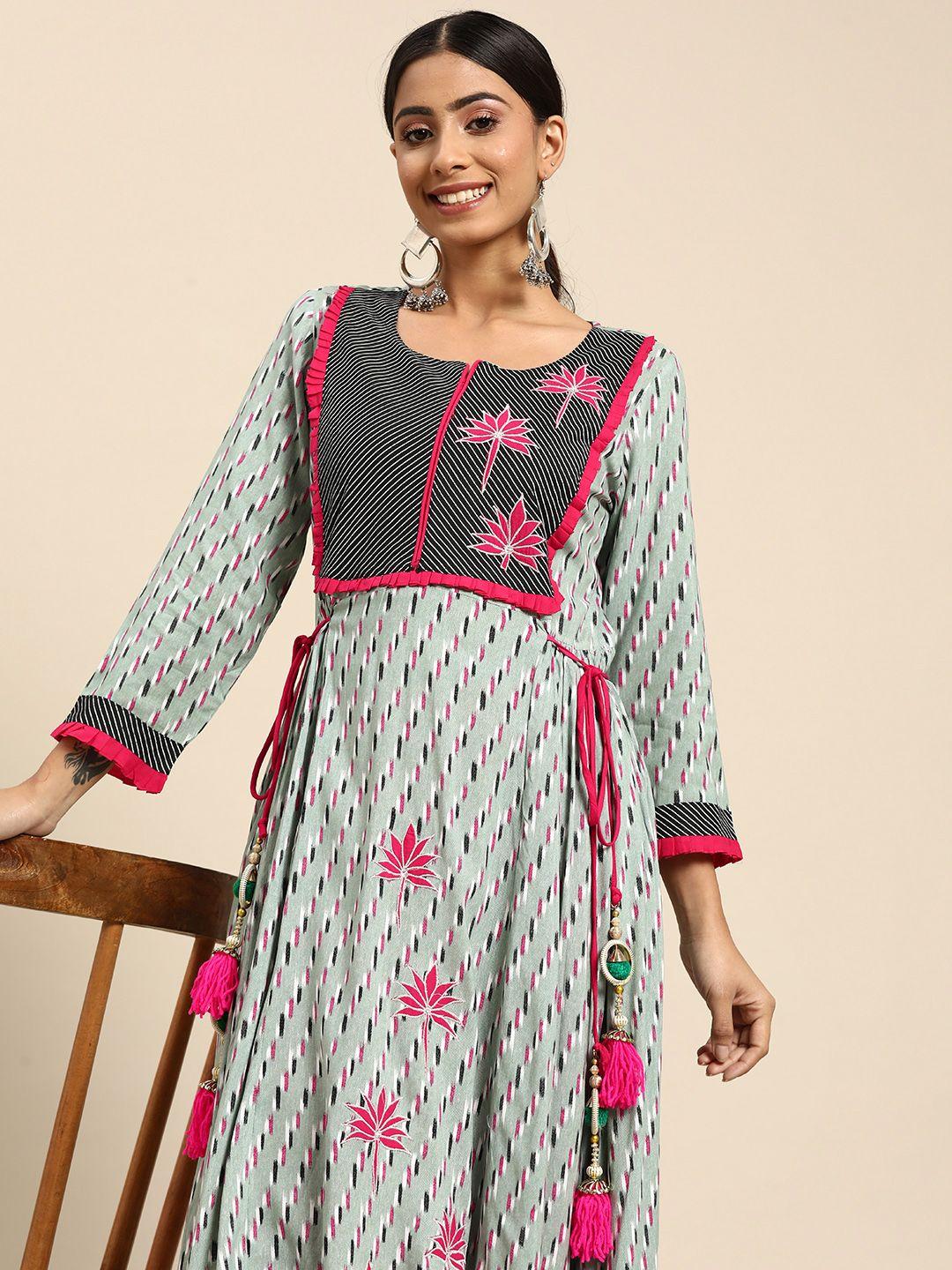 sangria-women-fuchsia-pink-&-green-ethnic-motifs-printed-embroidered-tassels-kurta