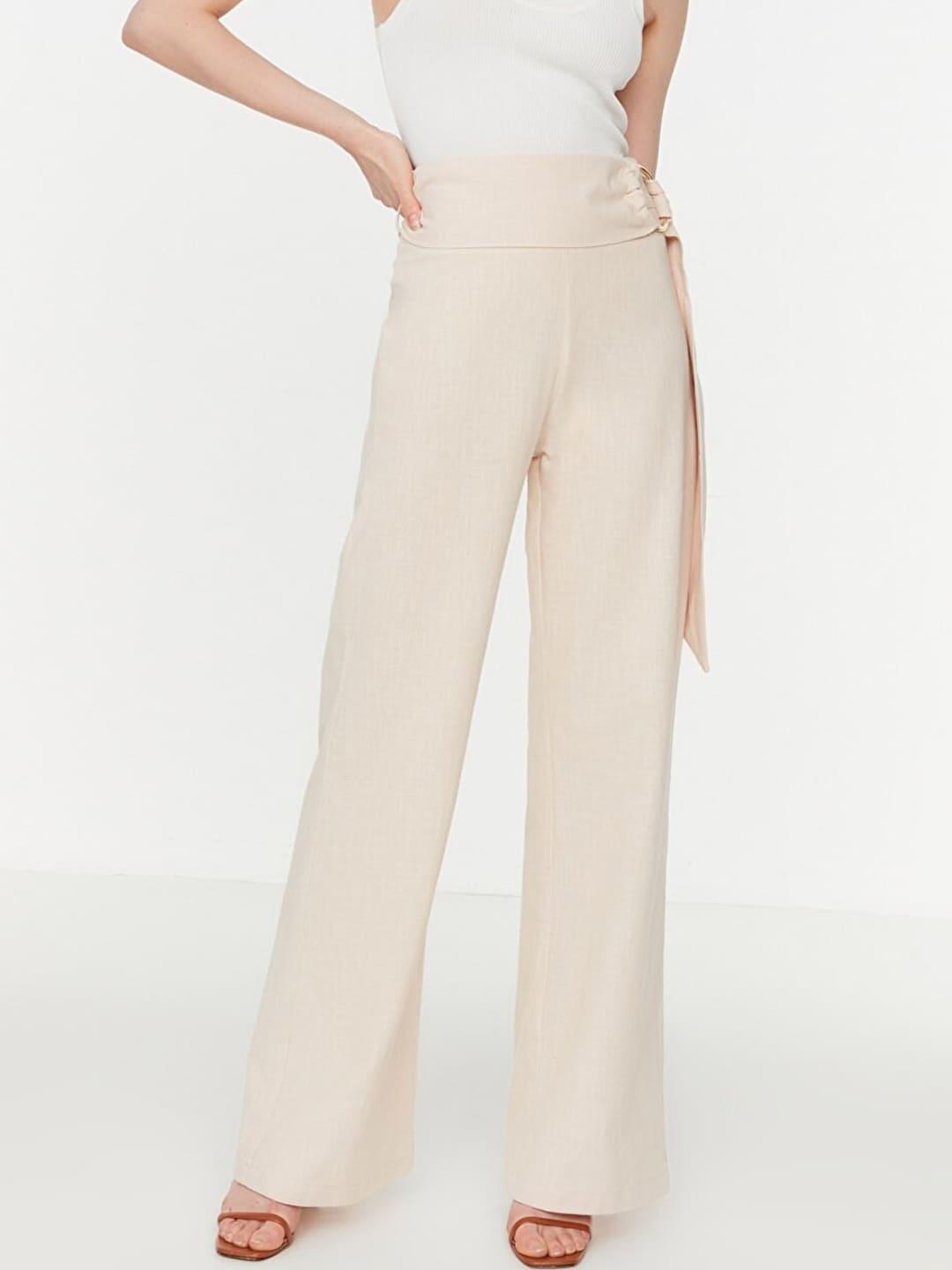 trendyol-women-off-white-solid-cotton-trousers
