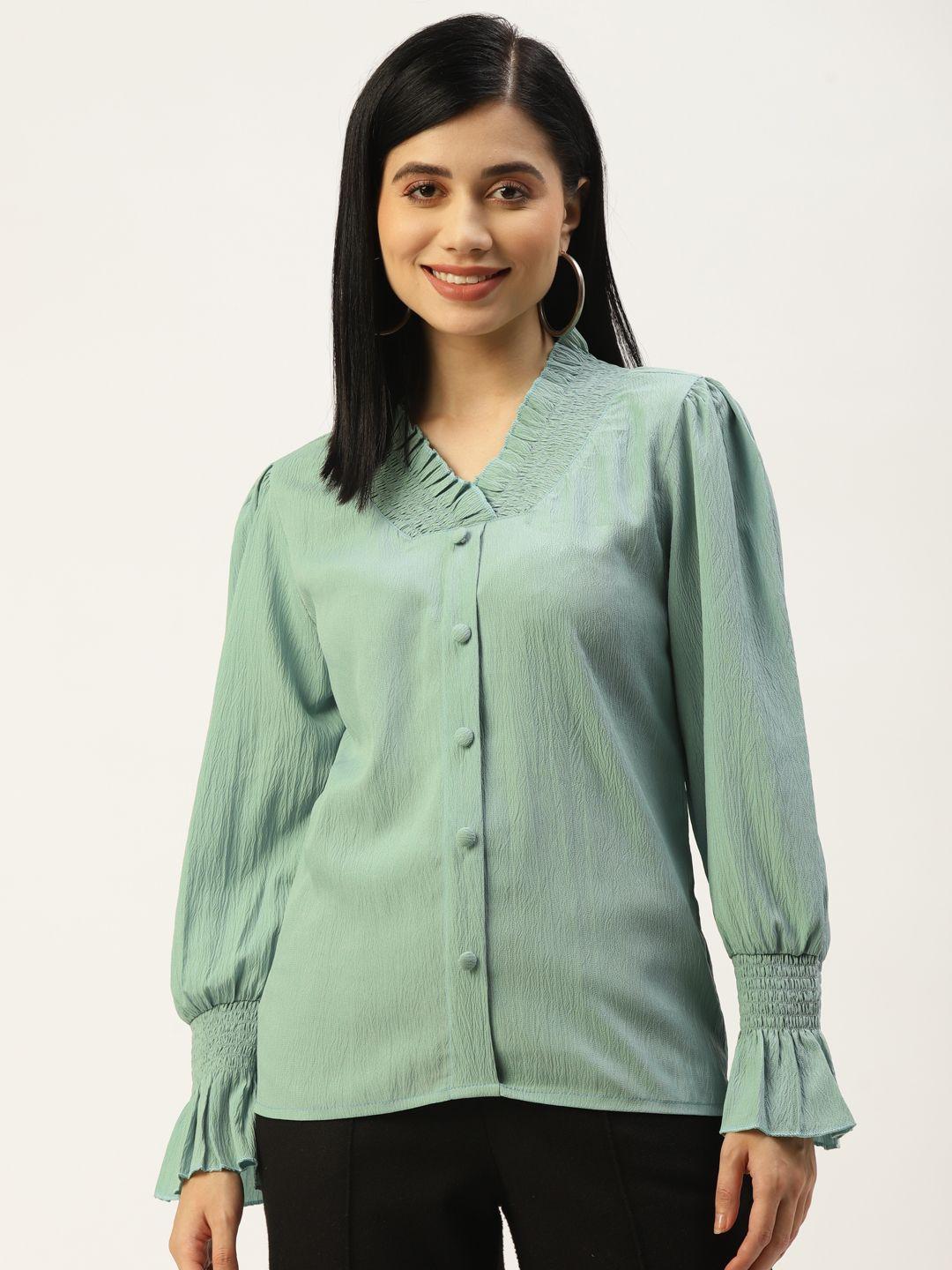 akimia-sea-green-bishop-sleeves-smocked-crepe-shirt-style-top