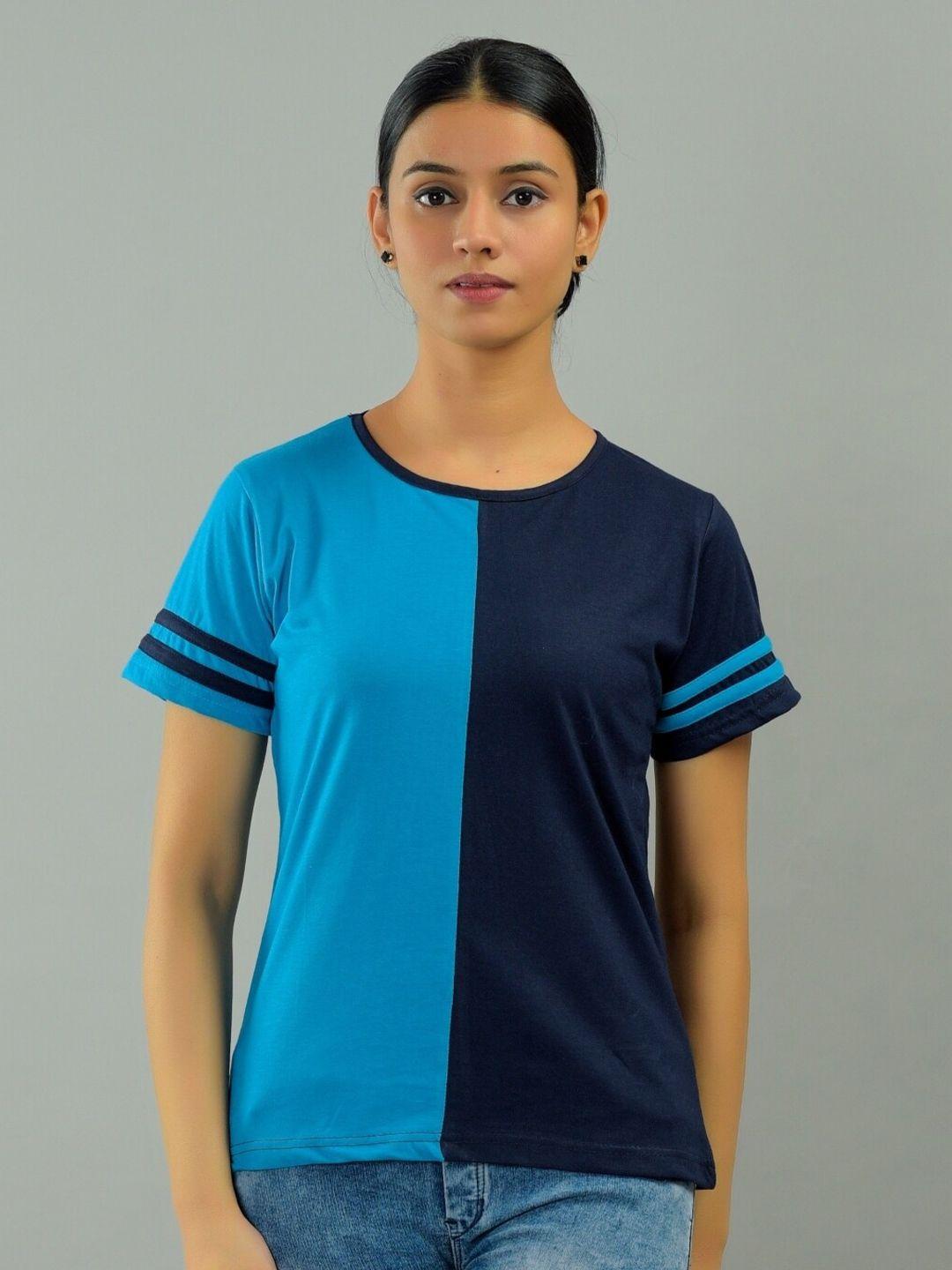 base-41-women-blue-colourblocked-slim-fit-t-shirt