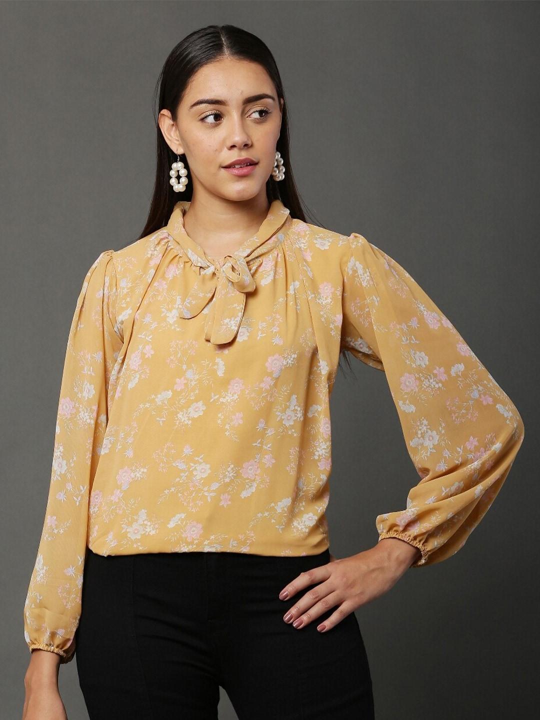 winera-women-yellow-&-white-floral-print-tie-up-neck-georgette-top