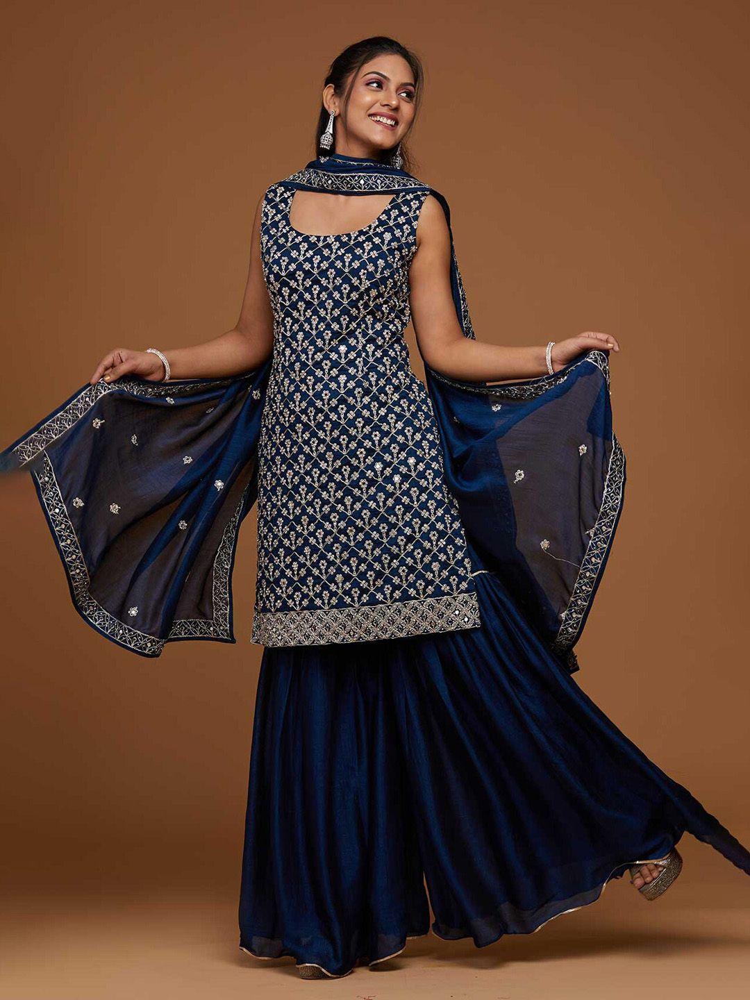 koskii-women-peacock-blue-embroidered-kurta-set-with-dupatta