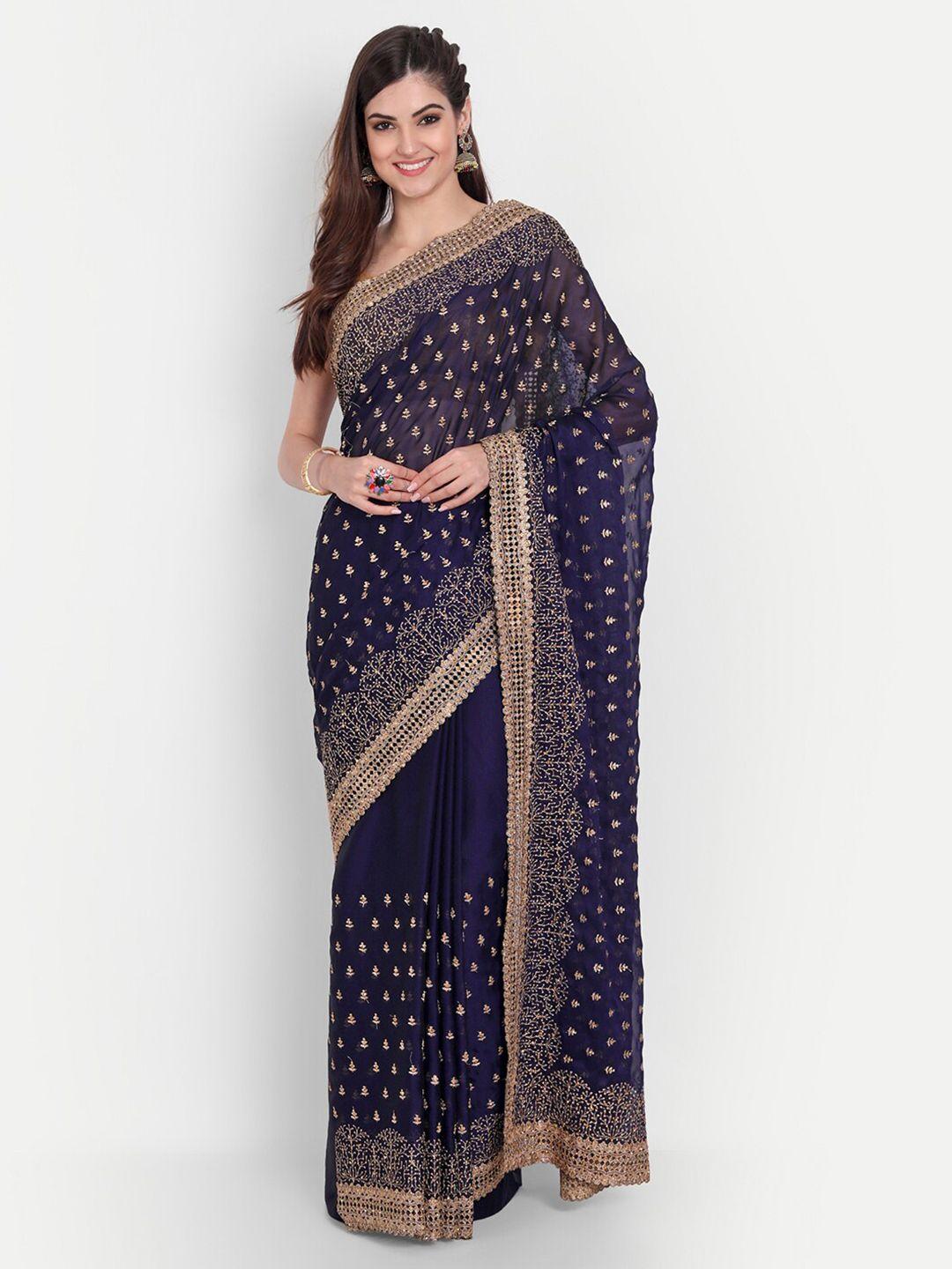 kasee-women-blue-&-gold-toned-floral-embroidered-art-silk-saree