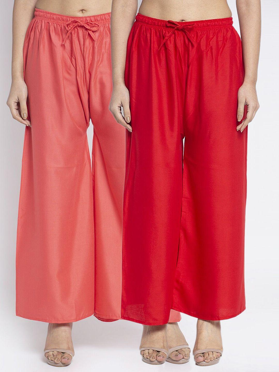 gracit-women-pack-of-2-red-&-peach-coloured-ethnic-palazzos