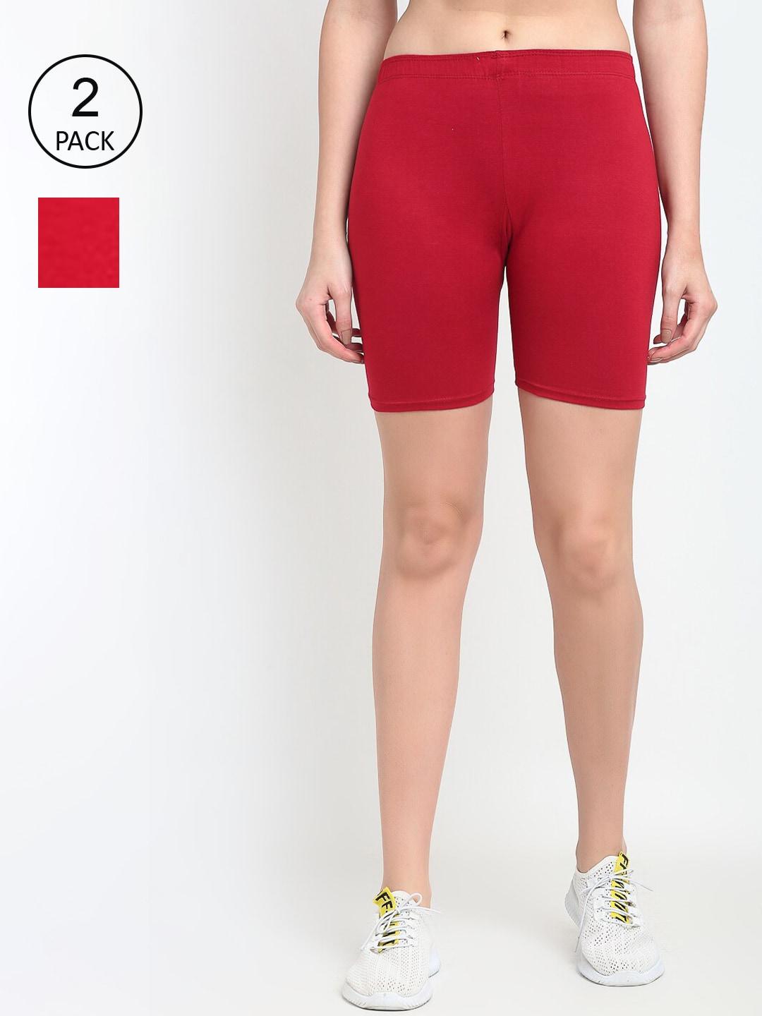 gracit-women-pack-of-2-red-and-maroon-four-way-super-combed-lycra-cycling-sports-shorts