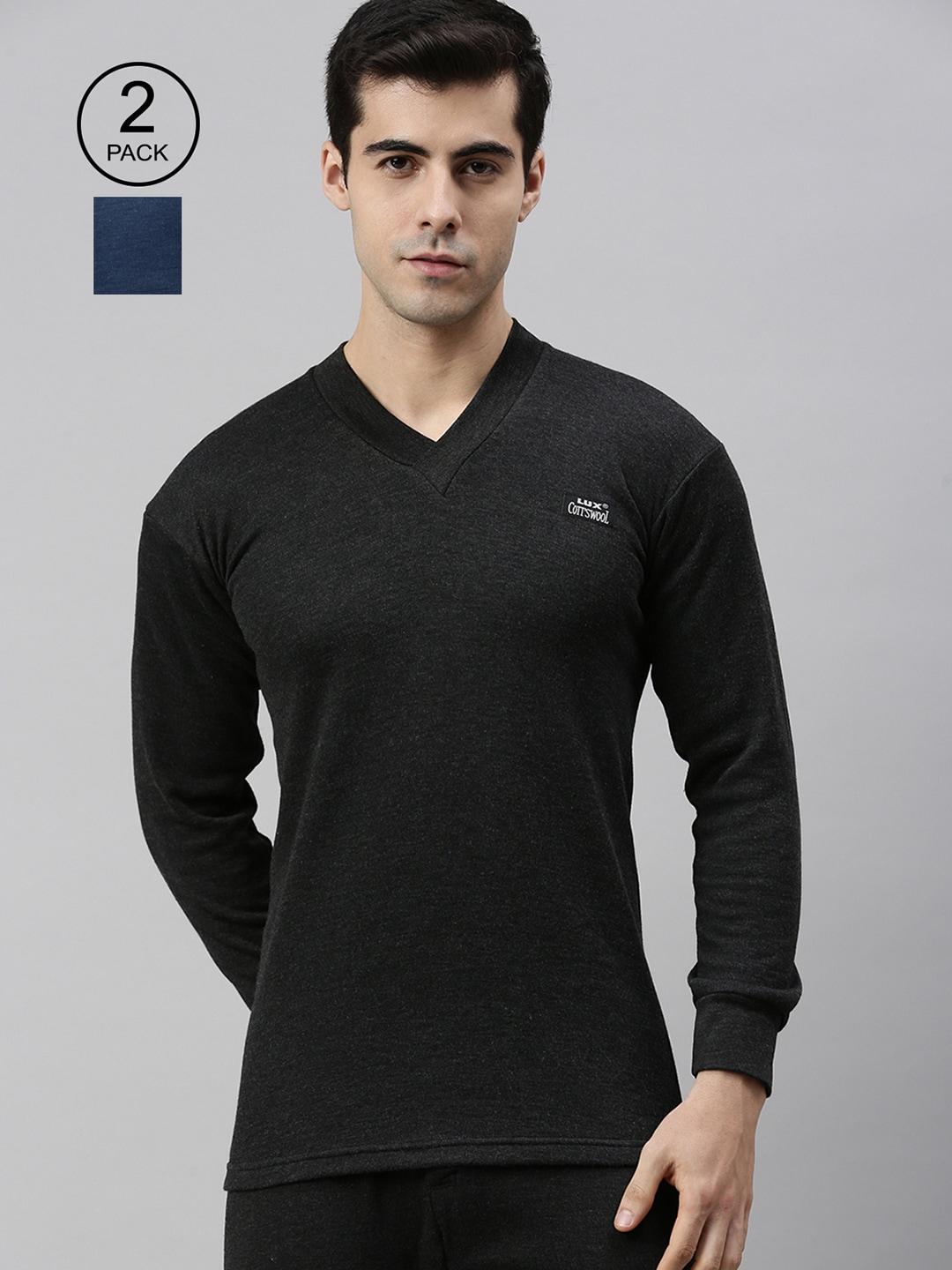 lux-cottswool-men-pack-of-2-black-&-blue-solid-thermal-tops
