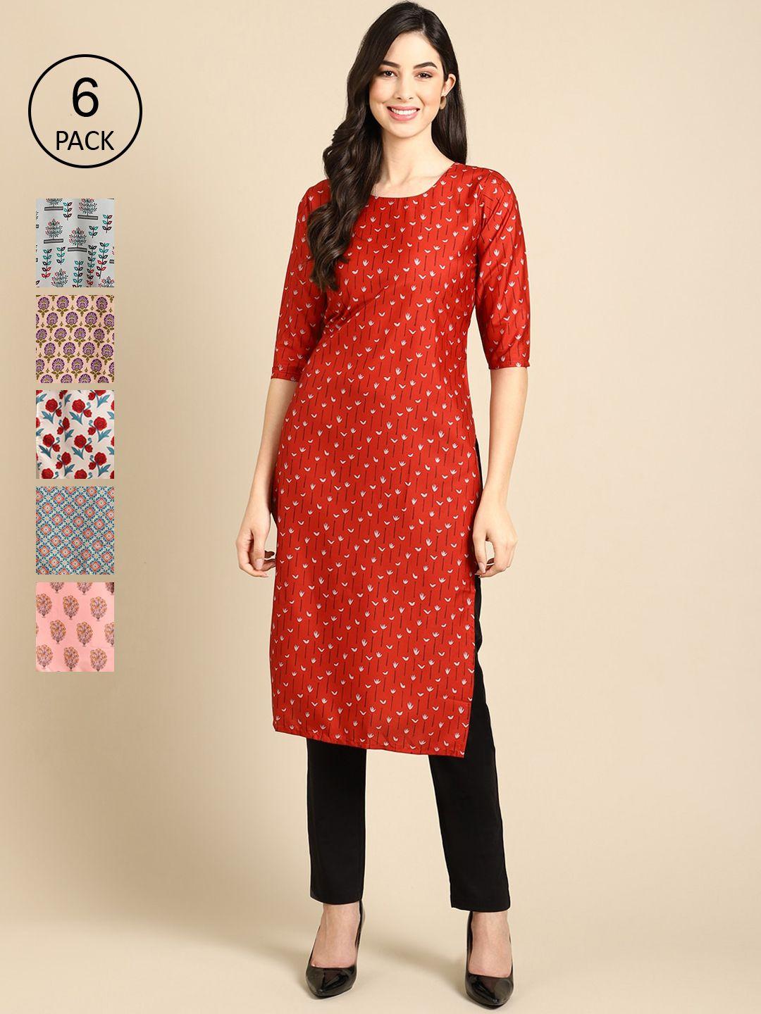 1-stop-fashion-women-multicoloured-pack-of-6-ethnic-motifs-printed-crepe-kurta