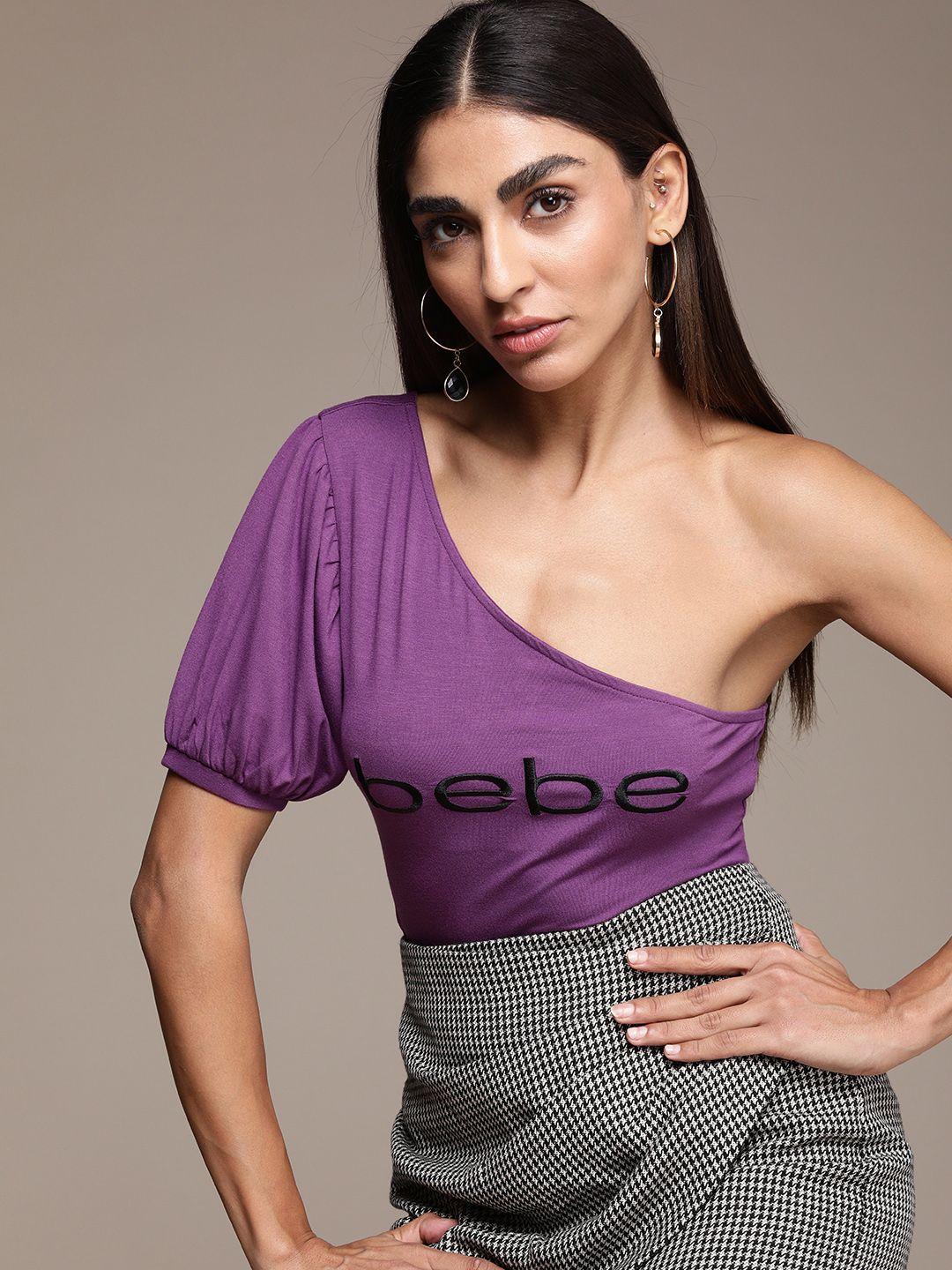 bebe-women-violet-brand-logo-embroidered-one-shoulder-top
