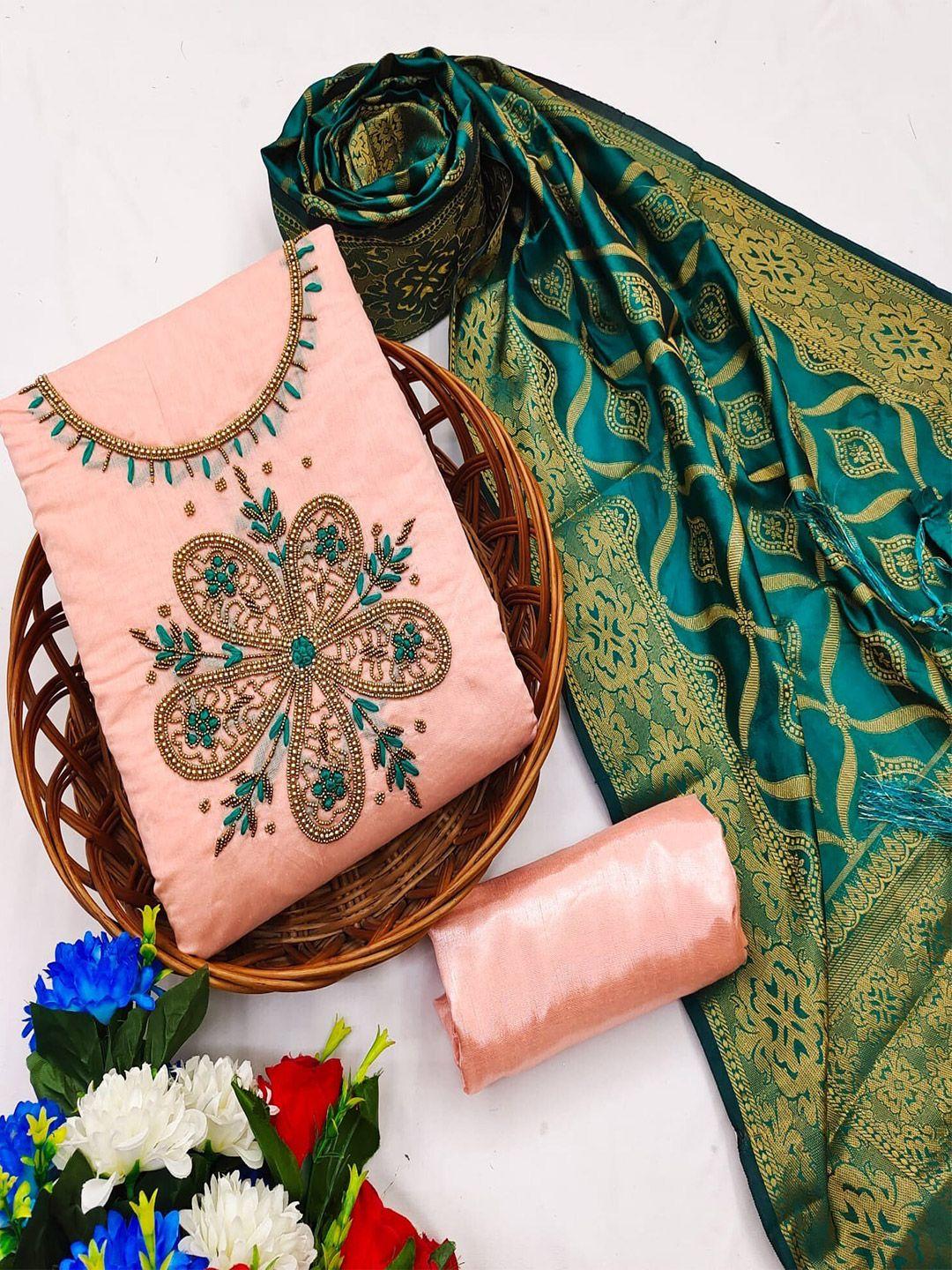 ethnic-junction-pink-&-green-embroidered-unstitched-dress-material