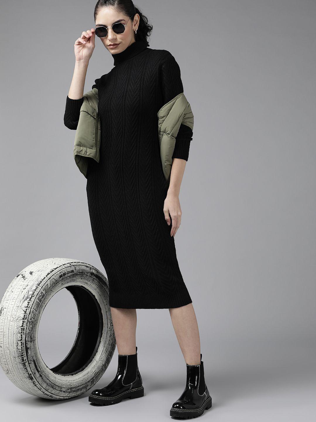 roadster-women-black-self-design-sweater-dress