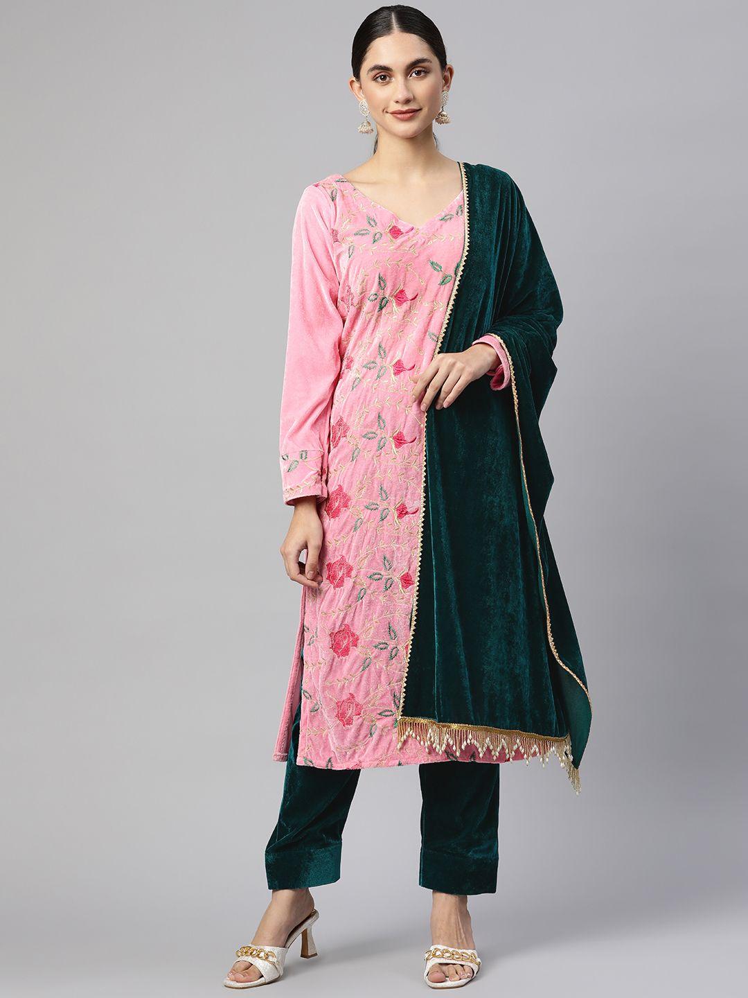 shades-women-ethnic-motifs-embroidered-thread-work-velvet-straight-kurta-with-trousers