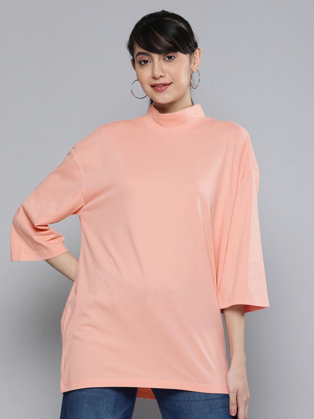 here&now-women-peach-coloured-high-neck-drop-shoulder-sleeves-pure-cotton-t-shirt