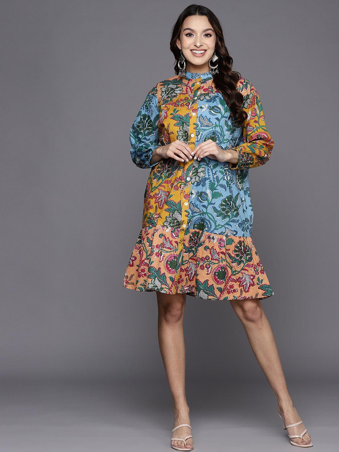 indo-era-floral-print-mandarin-collar-puff-sleeves-tiered-a-line-ethnic-dress