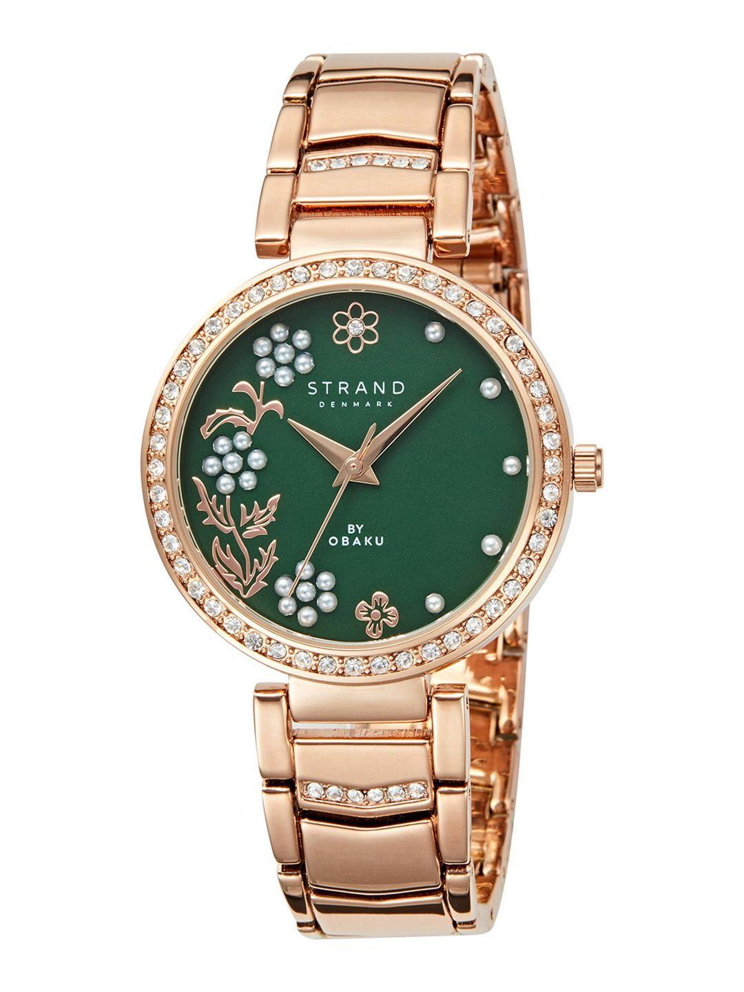 strand-by-obaku-women-green-brass-embellished-dial-&-rose-gold-toned-stainless-steel-bracelet-style-straps-watch
