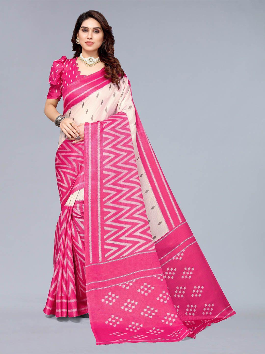 winza-designer-pink-&-off-white-ethnic-motifs-zari-silk-cotton-khadi-saree