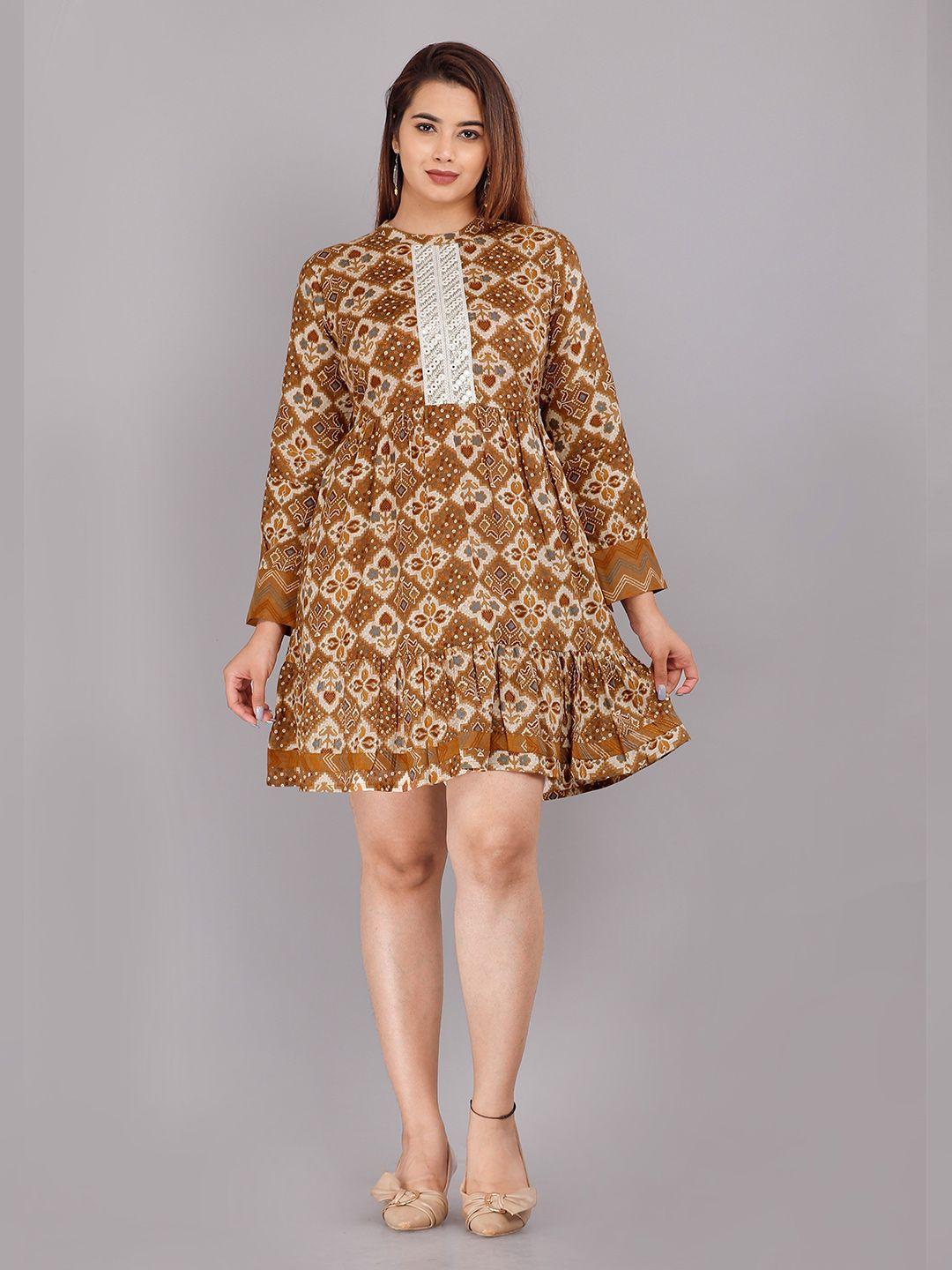 kalini-brown-and-white-ethnic-motifs-print-cotton-cambric-round-neck-ethnic-dress