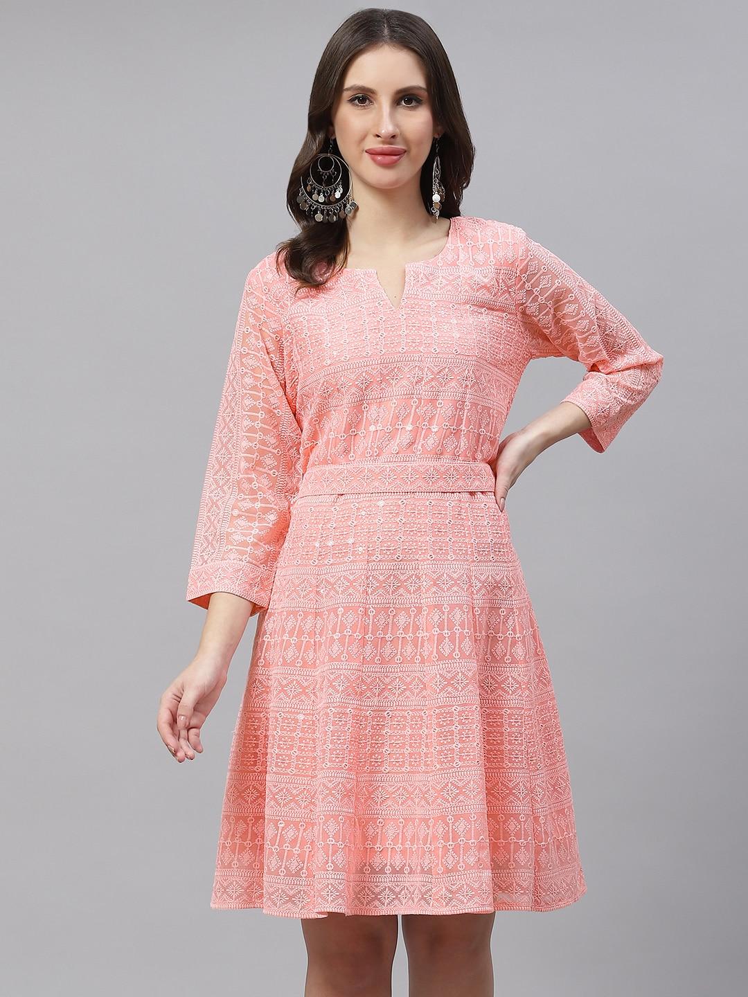 zola-women-peach-coloured-pure-georgette-chikankari-a-line-dress-with-belt