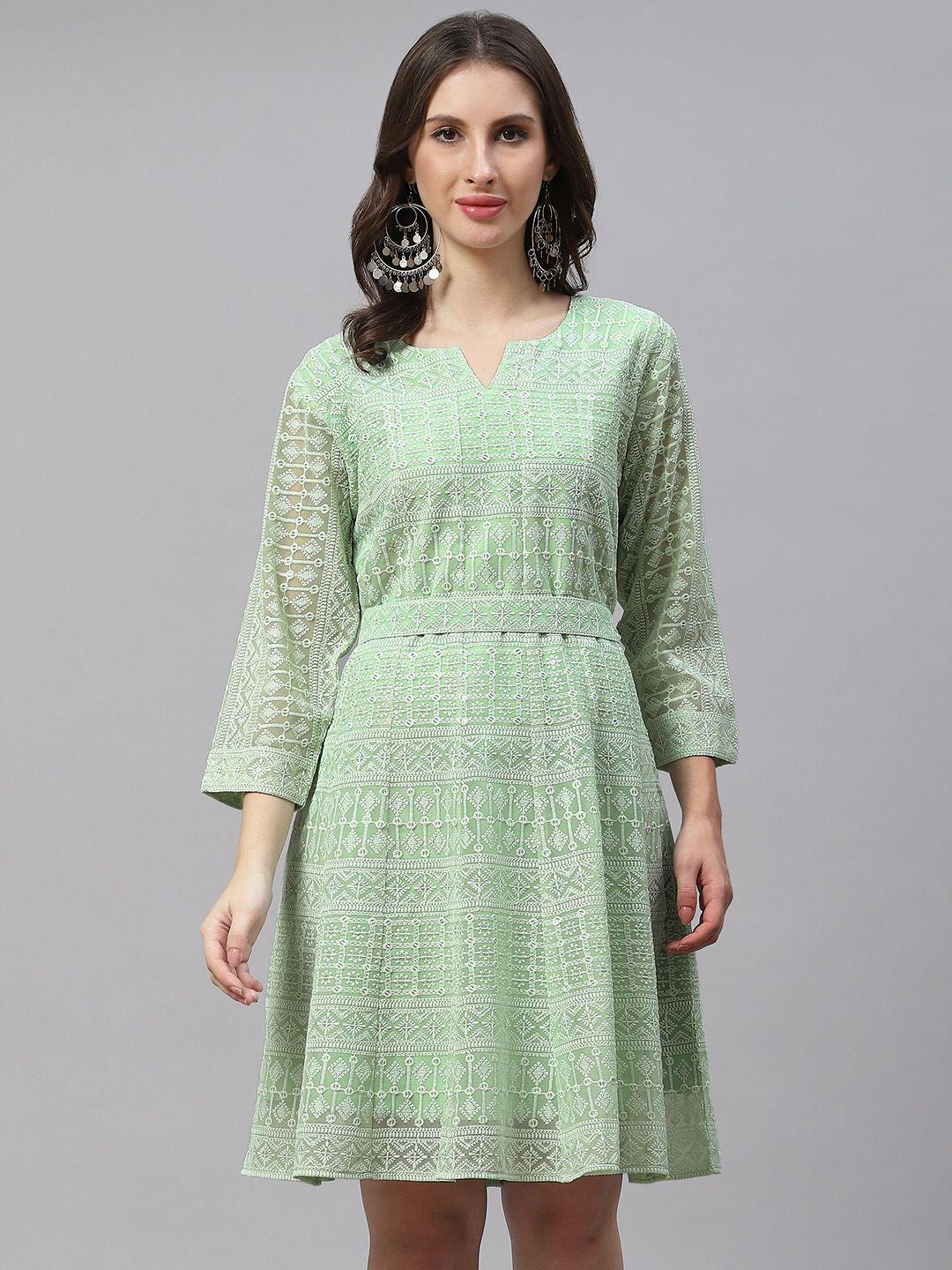 zola-women-green-pure-georgette-chikankari-a-line-dress-with-belt